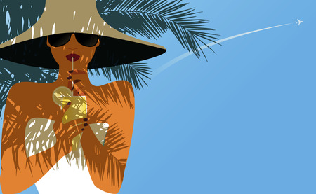 Beautiful girl drinking lemon cocktail under a palm tree. Vector Illustrationのイラスト素材