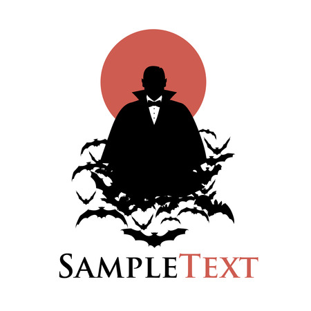Silhouette of vampire on a cloud of bats and red moon in the backgroundのイラスト素材