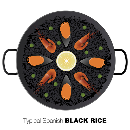 Typical black Spanish rice. Traditional paella made with rice and squid ink. Vector Illustrationのイラスト素材