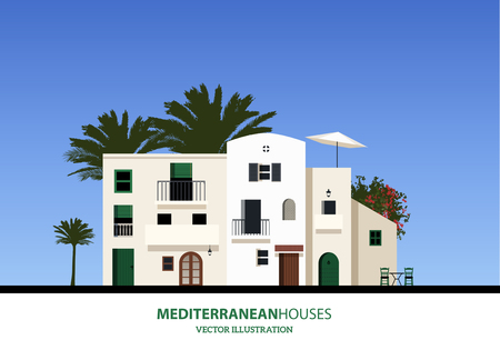 Mediterranean houses, palms and blue sky bakground. vector illustrationのイラスト素材