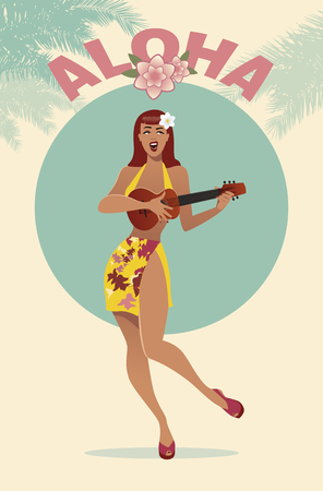 Sexy Pin-Up girl playing ukelele under palm trees. Retro Hawaiian Sceneのイラスト素材