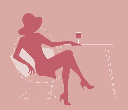 Woman wearing hat drinking red wine under the palms. Retro style summer scene.のイラスト素材