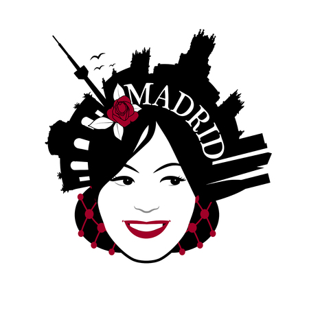 Symbolic image of Madrid. Woman wearing comb with Madrid monumentsのイラスト素材