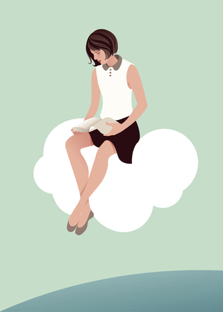 Girl reading sitting on a cloud. The sky and the sea in the background. Vector Illustrationのイラスト素材