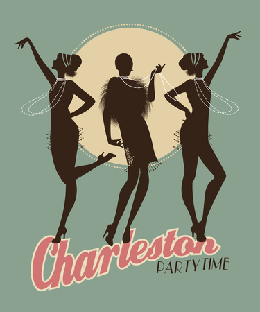 Silhouettes of three flapper girls on a Charleston party posterのイラスト素材