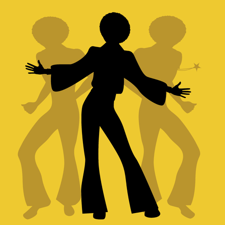 Silhouette of men dancing soul, funky or disco music in Retro Style.のイラスト素材