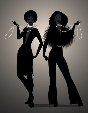 Silhouettes of two girls dancing soul, funky or disco music styleのイラスト素材