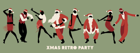 Retro Christmas party. Group of four men and four girls wearing Santa Claus costumes and clothes of the '20s, dancing charleston.のイラスト素材