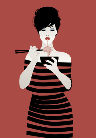 Beautiful girl wearing striped clothes eating spaghetti or noodles with chopsticks. Vector illustration on red backgroundのイラスト素材