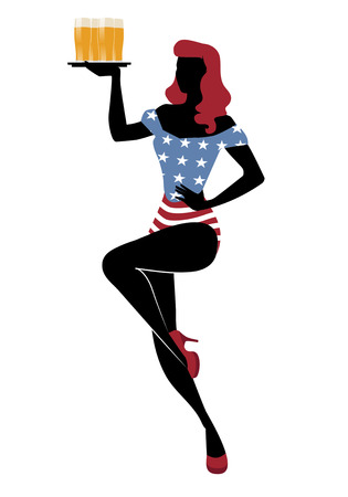 Sexy redhead pinup girl carrying a tray with beer glasses wearing symbolic clothing of the American flagのイラスト素材