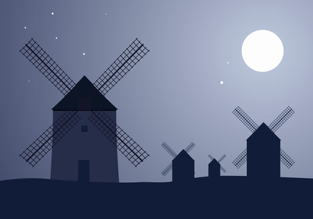 Typical Spanish windmills under the moon and starsのイラスト素材