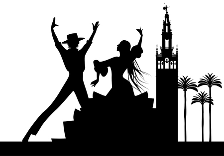Silhouette of Spanish flamenco dancers couple, palm trees and monuments in Seville. (The Giralda)のイラスト素材