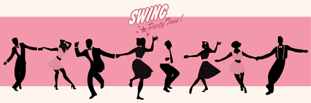 Swing Party Time: Silhouettes of four young couple wearing retro clothes dancing swing or lindy hopのイラスト素材