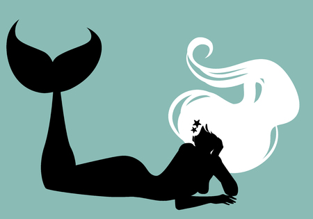 Silhouette of mermaid isolated with long mane lying with her face resting on one handのイラスト素材