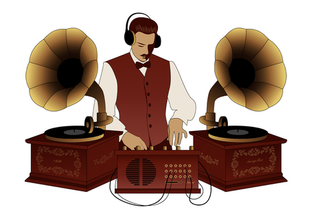 DJ retro style with mustache, vest, bow tie and headphones among vintage gramophones isolated on white backgroundのイラスト素材