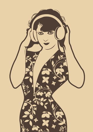 Beautiful flapper girl with headphones isolated. Retro Styleのイラスト素材