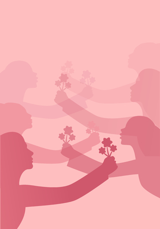 Silhouettes of women with outstretched arms holding bouquets of flowers.のイラスト素材