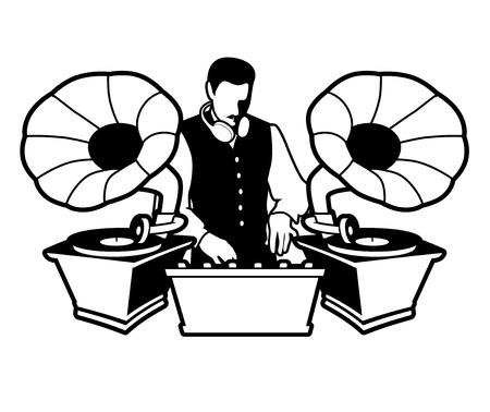 DJ retro style with mustache, vest, bow tie and headphones around the neck.のイラスト素材