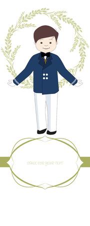 First communion celebration reminder. Cute boy wearing communion suit surrounded by flower wreath, space for text.のイラスト素材