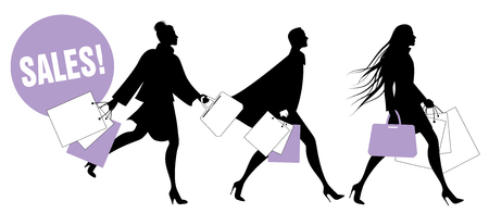 Silhouettes of fashionable women with shopping bags walking on the street isolated on white backgroundのイラスト素材