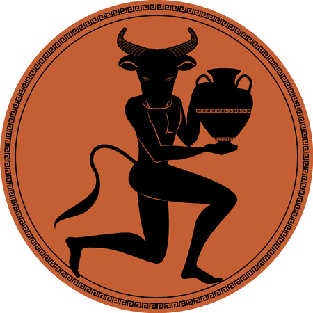 Zodiac in the style of Ancient Greece, Taurus. Black figure of man with head of bull, horns and tail, knee in earth carrying an amphora. Black figure inscribed in a circle surrounded by a fret.のイラスト素材