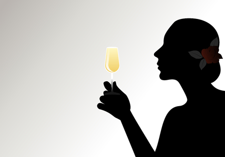 Silhouette of woman with flower in her hair, holding a glass of white wine. Isolated against back light on light background.のイラスト素材