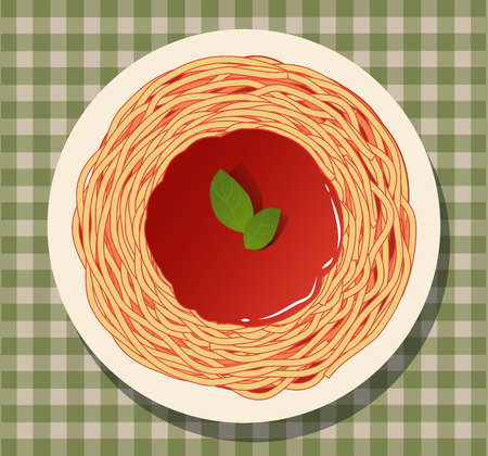 Spaghetti with tomato sauce and basil leaves on a checkered tablecloth.のイラスト素材