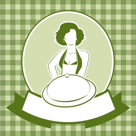 Retro housewife cook wearing apron showing a plate or tray and blank label for your textのイラスト素材
