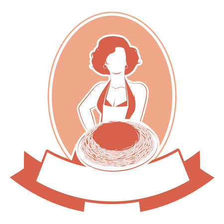 Retro housewife cook wearing apron carrying a spaghetti plate and blank label for your textのイラスト素材