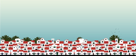 Mediterranean Spanish houses, palms, birds and blue sky bakground. Vector illustrationのイラスト素材