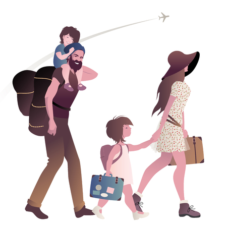 Traveling hipster family with suitcases and backpacks isolated on white background. Two children. Boy and Girl. Bearded father and beautiful mother with hat and flower dress. Plane in the background.のイラスト素材