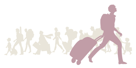 Silhouette of young man with backpack and trolley. Group of diverse travelers in the backgroundのイラスト素材