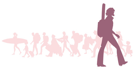 Silhouette of adventurous bearded traveler with a guitar behind his back. Group of diverse travelers in the backgroundのイラスト素材