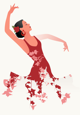 Beautiful Spanish flamenco dancer wearing flowery dress and flower in her hairのイラスト素材