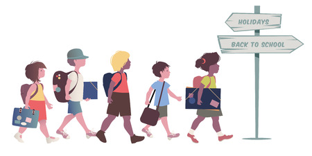 Group of kids with backpacks, briefcases, folders and books, back to school. Direction sign pointing direction holidays and return to school. Vector Illustration on white background.のイラスト素材