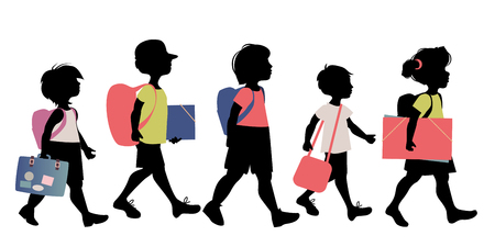 Group of kids silhouettes with backpacks, briefcases, folders and books, going to school on white background.のイラスト素材