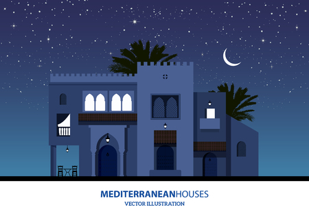Night view of mediterranean, arabic or moroccan style houses, palm trees and the moon over starry backgroundのイラスト素材
