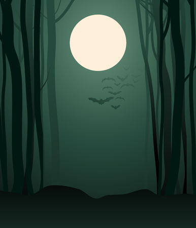 Foggy forest in the light of the full moon and flock of bats in the backgroundのイラスト素材