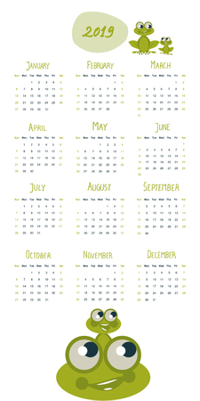 2019 cartoon style childish calendar, frog and handwritten letters.のイラスト素材