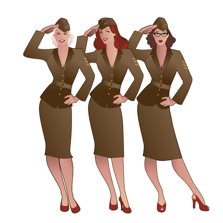 Three army girls in retro style wearing soldiers uniform from the 40s or 50s doing military saluteのイラスト素材