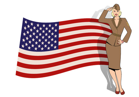 Army girl in retro style wearing soldiers uniform from the 40s or 50s doing military salute and USA flag on the backgroundのイラスト素材