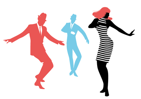 Elegant silhouettes of people wearing clothes of the sixties dancing 60s style isolated on white backgroundのイラスト素材