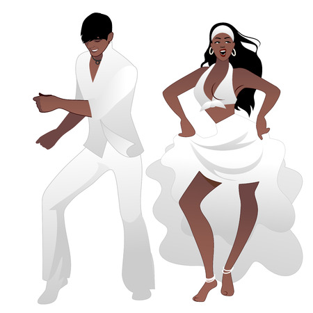 Salsa Party Time. Young couple dancing latin music: salsa, merengue, mambo, bachataのイラスト素材