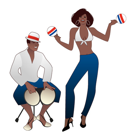 Salsa Party Time. Young man playing bongos and beautiful woman dancing and playing maracasのイラスト素材