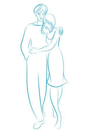 Young couple walking embracing. Sketch to line drawn by hand, isolated on white background.のイラスト素材