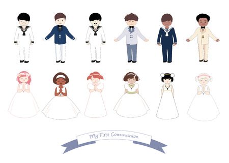 Collection of six children and six girls wearing first communion clothesのイラスト素材
