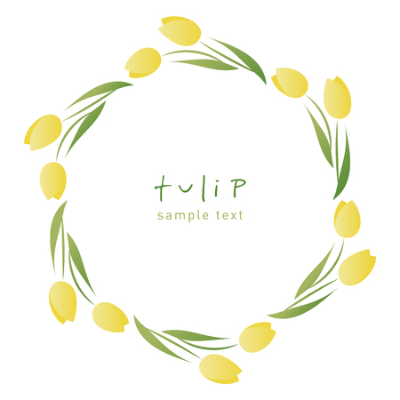 Wreath of tulip flowers and leaves forming a decorative circular frame on white backgroundのイラスト素材