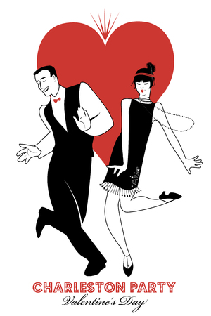 Charleston Party Valentine's Day Dance. Couple wearing retro clothes dancing Charleston. Big heart isolated on white background.のイラスト素材