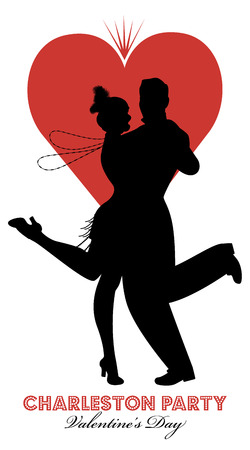 Charleston Party Valentine's Day Dance. Couple wearing retro clothes dancing Charleston. Big heart isolated on white background.のイラスト素材