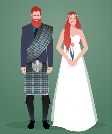 Young couple of newlyweds wearing wedding clothes. Scottish style. Stylish bearded and redhead groom wearing traditional Scottish clothes and beautiful long-haired redhead bride holding a tulipのイラスト素材